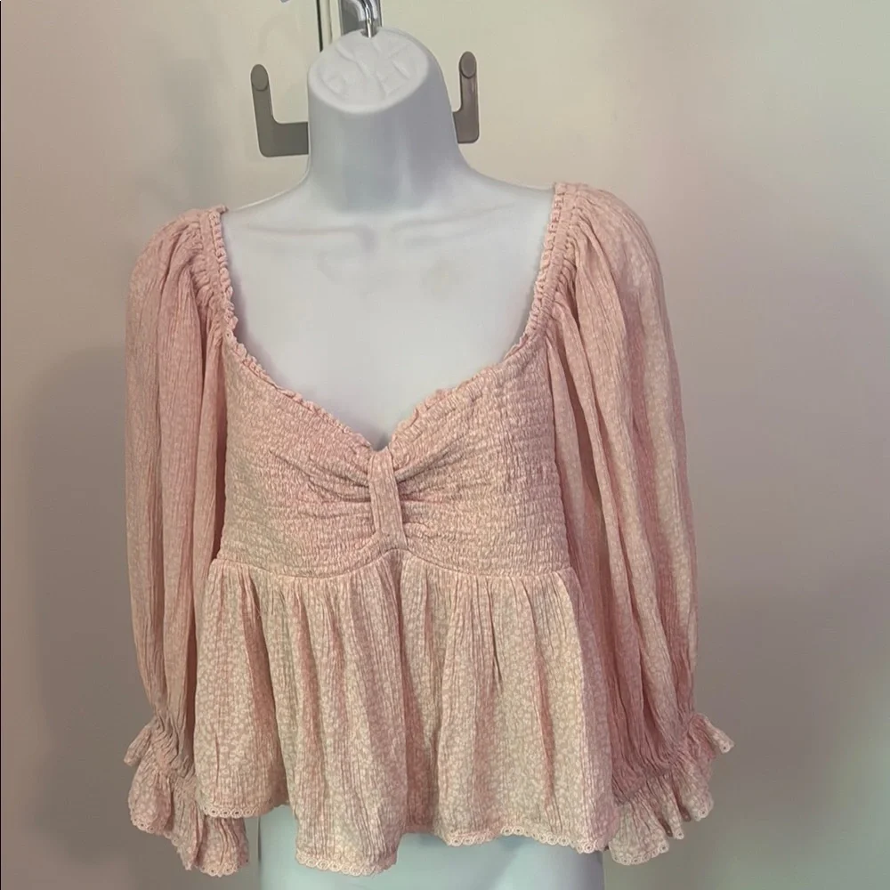 Free People Pink Puff Sleeve Smocked Blouse , sz M